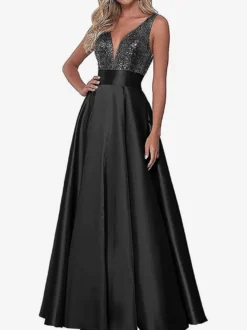 Robe de soirée robe de bal col V jupe plissée au sol