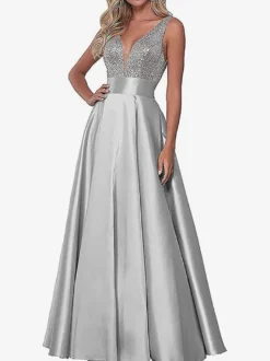 Robe de soirée robe de bal col V jupe plissée au sol