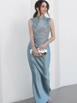 Robe de soirée robe de bal décolleté travaillé en polyester longue jusqu'au sol franges robe de cérémonie