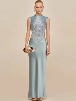 Robe de soirée robe de bal décolleté travaillé en polyester longue jusqu'au sol franges robe de cérémonie