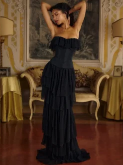 Robe de soirée robe de bal décolleté travaillé avec traîne sans manches lacée à volants en tulle robe de cérémonie