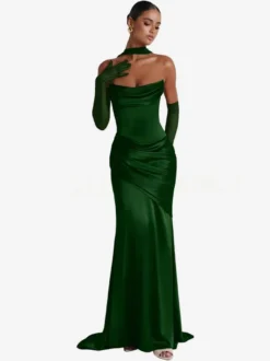 Robe de soirée robe de bal décolleté travaillé satin élastique effet soie avec traîne plissée robe de soirée formelle