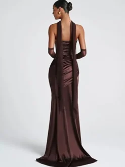 Robe de soirée robe de bal décolleté travaillé satin élastique effet soie avec traîne plissée robe de soirée formelle