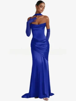 Robe de soirée robe de bal décolleté travaillé satin élastique effet soie avec traîne plissée robe de soirée formelle