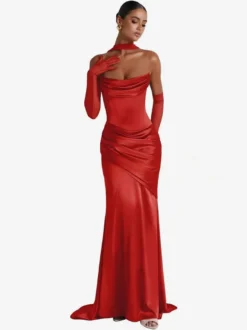 Robe de soirée robe de bal décolleté travaillé satin élastique effet soie avec traîne plissée robe de soirée formelle