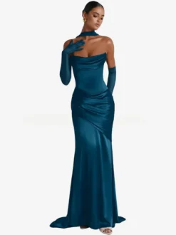 Robe de soirée robe de bal décolleté travaillé satin élastique effet soie avec traîne plissée robe de soirée formelle