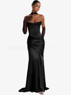 Robe de soirée robe de bal décolleté travaillé satin élastique effet soie avec traîne plissée robe de soirée formelle