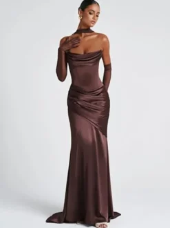 Robe de soirée robe de bal décolleté travaillé satin élastique effet soie avec traîne plissée robe de soirée formelle