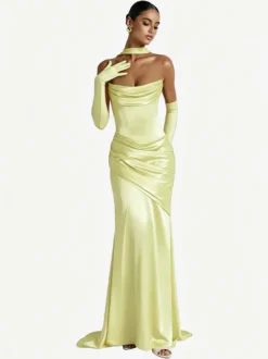 Robe de soirée robe de bal décolleté travaillé satin élastique effet soie avec traîne plissée robe de soirée formelle