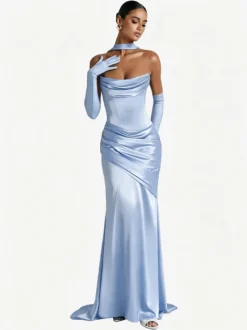 Robe de soirée robe de bal décolleté travaillé satin élastique effet soie avec traîne plissée robe de soirée formelle