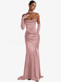 Robe de soirée robe de bal décolleté travaillé satin élastique effet soie avec traîne plissée robe de soirée formelle
