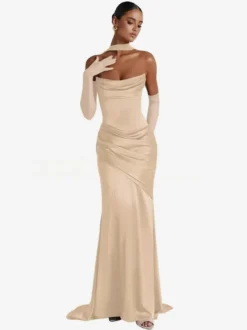 Robe de soirée robe de bal décolleté travaillé satin élastique effet soie avec traîne plissée robe de soirée formelle