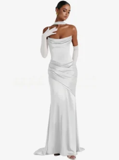 Robe de soirée robe de bal décolleté travaillé satin élastique effet soie avec traîne plissée robe de soirée formelle