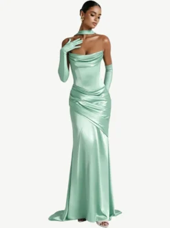 Robe de soirée robe de bal décolleté travaillé satin élastique effet soie avec traîne plissée robe de soirée formelle