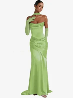 Robe de soirée robe de bal décolleté travaillé satin élastique effet soie avec traîne plissée robe de soirée formelle