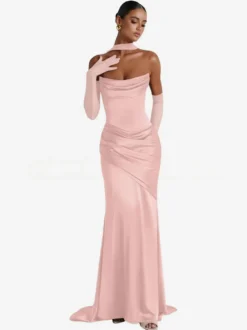 Robe de soirée robe de bal décolleté travaillé satin élastique effet soie avec traîne plissée robe de soirée formelle