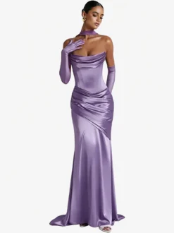 Robe de soirée robe de bal décolleté travaillé satin élastique effet soie avec traîne plissée robe de soirée formelle