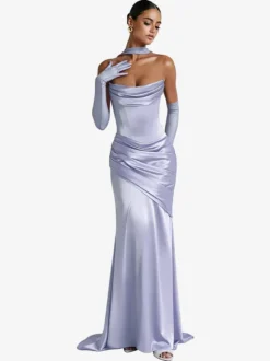 Robe de soirée robe de bal décolleté travaillé satin élastique effet soie avec traîne plissée robe de soirée formelle