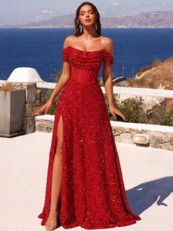 Robe de soirée robe de bal épaules dénudées polyester sequins robe de cocktail