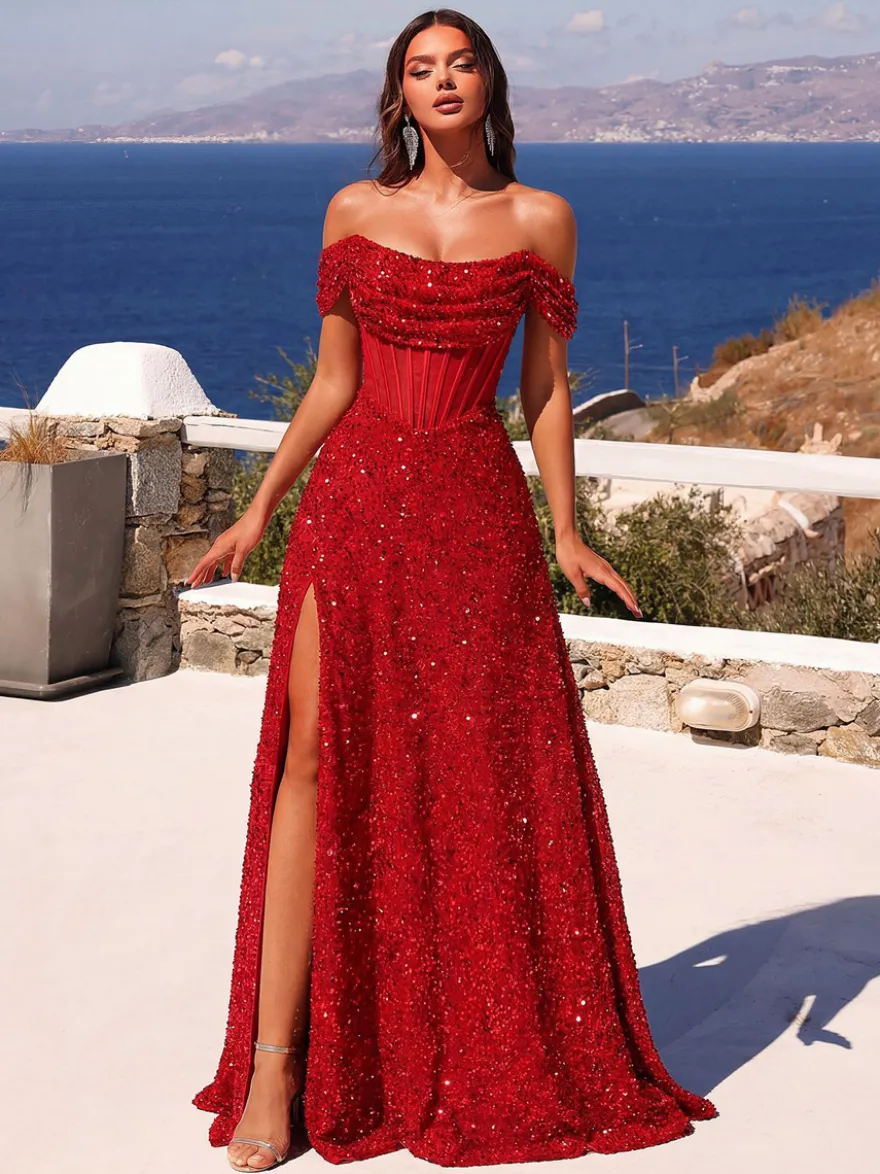 Robe de soirée robe de bal épaules dénudées polyester sequins robe de cocktail