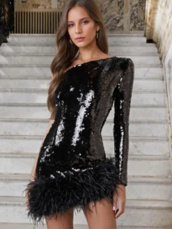 Robe De Soirée Robe Semi-formelle Noire À Col Manche Longue