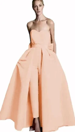 Robe de soirée rouge bustier tissu de satin 2 pièces combi-pantalon et jupe