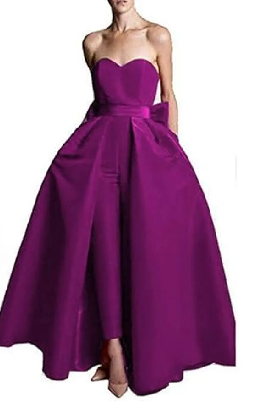 Robe de soirée rouge bustier tissu de satin 2 pièces combi-pantalon et jupe