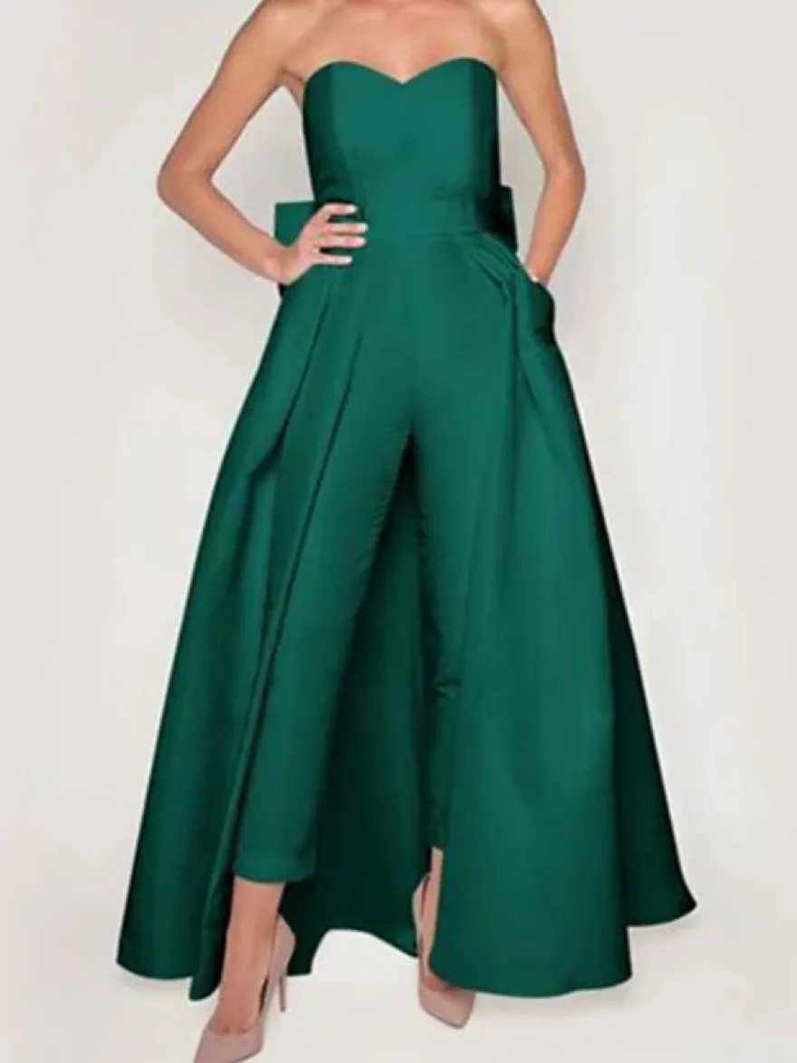Robe de soirée rouge bustier tissu de satin 2 pièces combi-pantalon et jupe