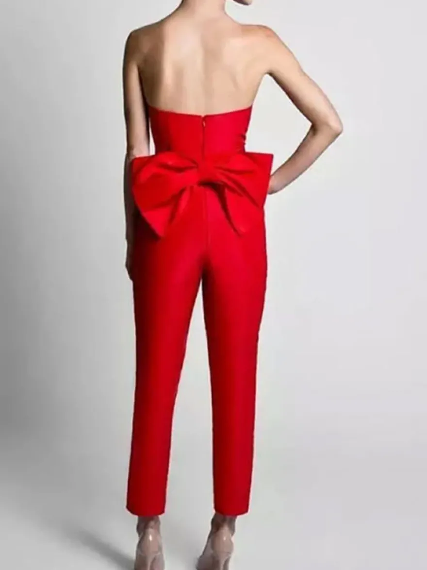 Robe de soirée rouge bustier tissu de satin 2 pièces combi-pantalon et jupe