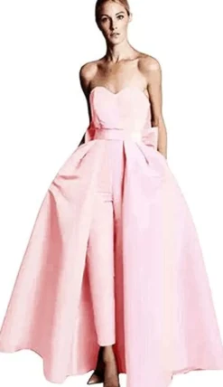 Robe de soirée rouge bustier tissu de satin 2 pièces combi-pantalon et jupe