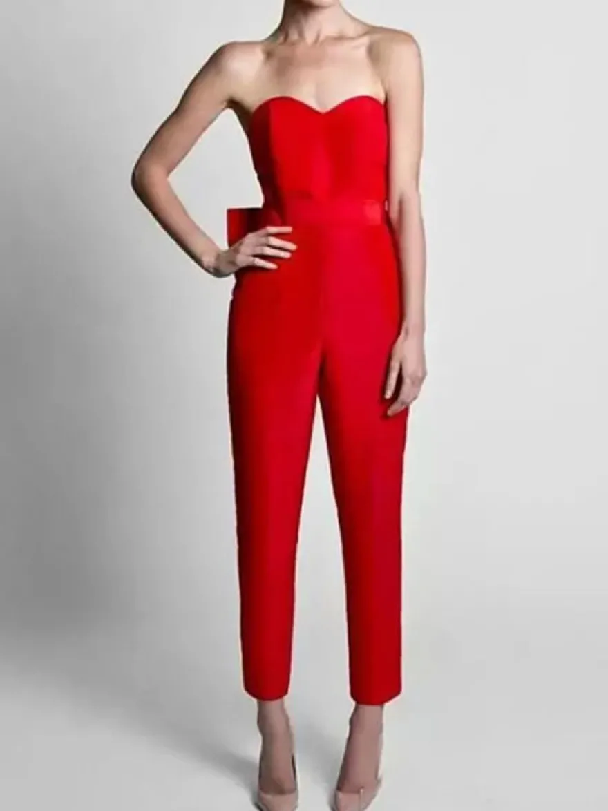 Robe de soirée rouge bustier tissu de satin 2 pièces combi-pantalon et jupe