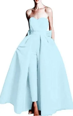 Robe de soirée rouge bustier tissu de satin 2 pièces combi-pantalon et jupe