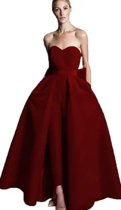 Robe de soirée rouge bustier tissu de satin 2 pièces combi-pantalon et jupe