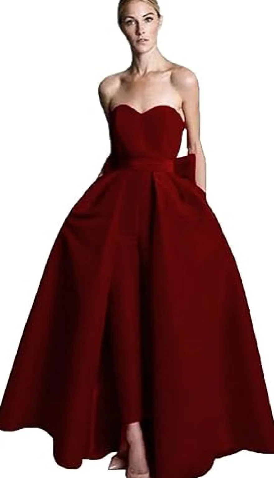 Robe de soirée rouge bustier tissu de satin 2 pièces combi-pantalon et jupe