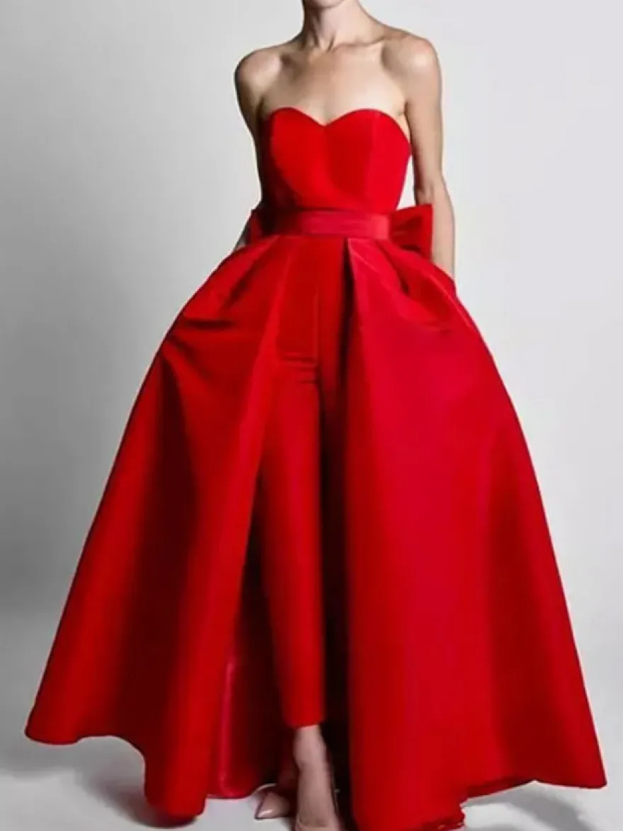 Robe de soirée rouge bustier tissu de satin 2 pièces combi-pantalon et jupe