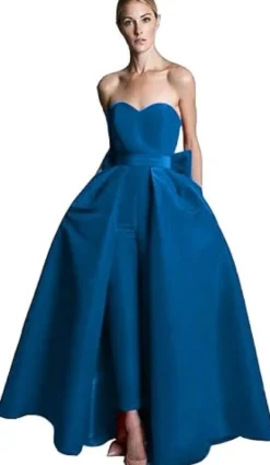 Robe de soirée rouge bustier tissu de satin 2 pièces combi-pantalon et jupe