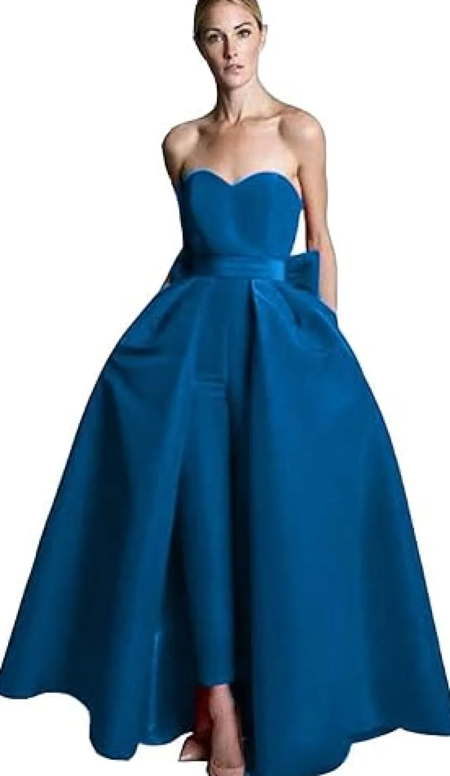 Robe de soirée rouge bustier tissu de satin 2 pièces combi-pantalon et jupe