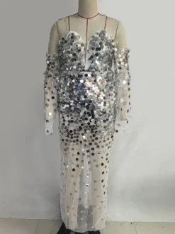 Robe de soirée sexy à bretelles dorées col à sequins manches longues dos nu en polyester.