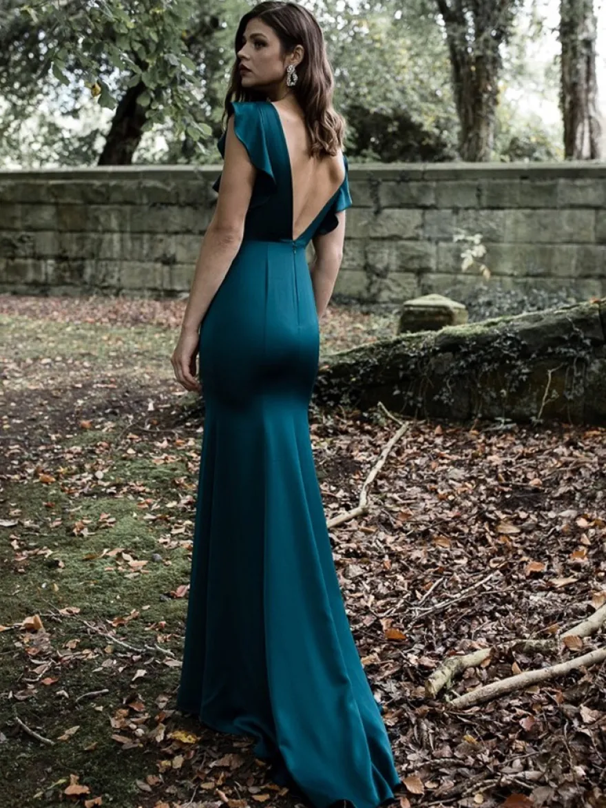 Robe de soirée sirène col en bijou avec traîne manches courtes dos nu volants tissu satiné robes de dîner formelles