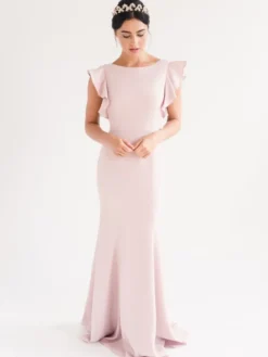 Robe de soirée sirène col en bijou avec traîne manches courtes dos nu volants tissu satiné robes de dîner formelles