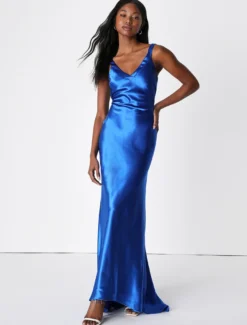 Robe de soirée sirène col en v avec traîne sans manches dos nu tissu satiné robes de soirée formelles