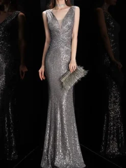 Robe de soirée sirène col en v longueur au sol sans manches fermeture éclair robes de dîner formelles en polyester