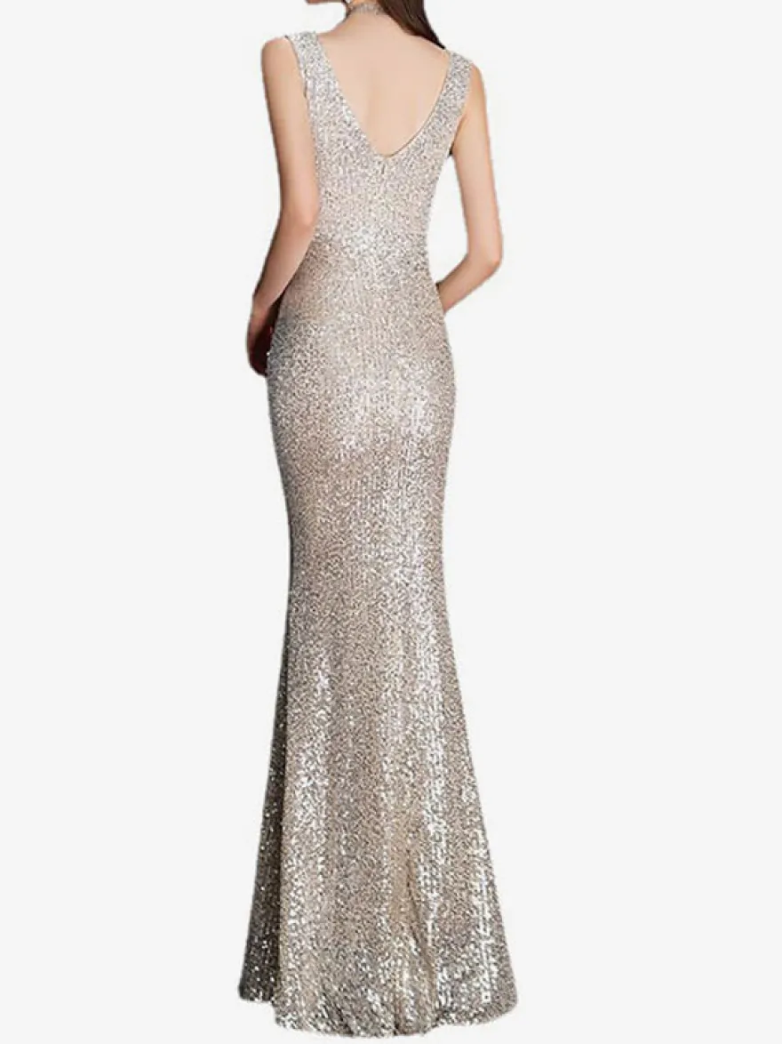 Robe de soirée sirène col en v longueur au sol sans manches fermeture éclair robes de dîner formelles en polyester