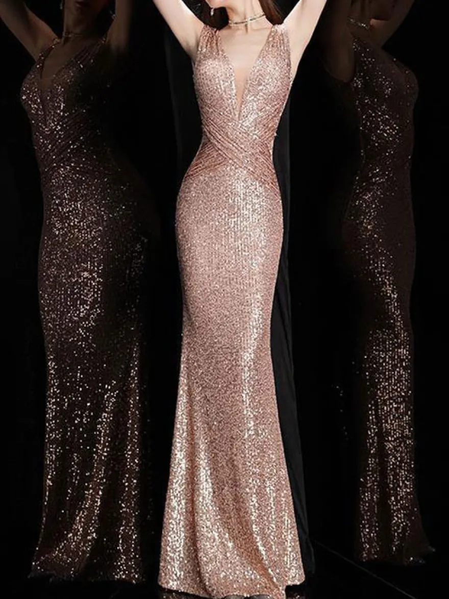 Robe de soirée sirène col en v longueur au sol sans manches fermeture éclair robes de dîner formelles en polyester