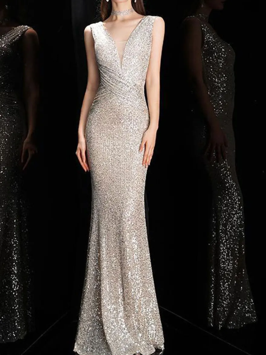 Robe de soirée sirène col en v longueur au sol sans manches fermeture éclair robes de dîner formelles en polyester