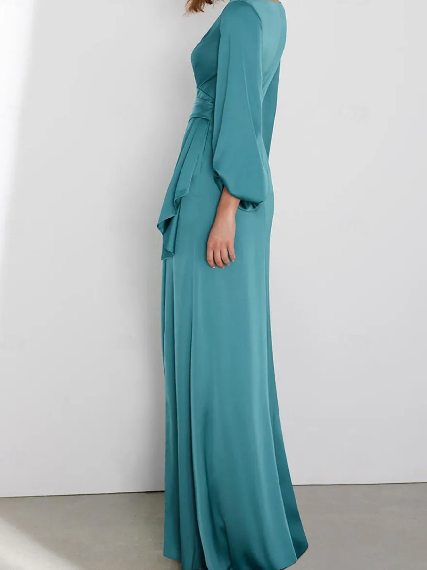 Robe de soirée sirène col en v longueur au sol manches longues fermeture éclair tissu satiné plissé robes de concours sociaux