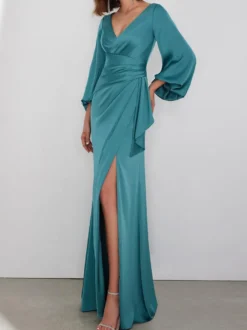 Robe de soirée sirène col en v longueur au sol manches longues fermeture éclair tissu satiné plissé robes de concours sociaux