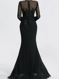 Robe de soirée sirène col en V traîne courte manches longues fermeture éclair appliques paillettes robes de soirée formelles