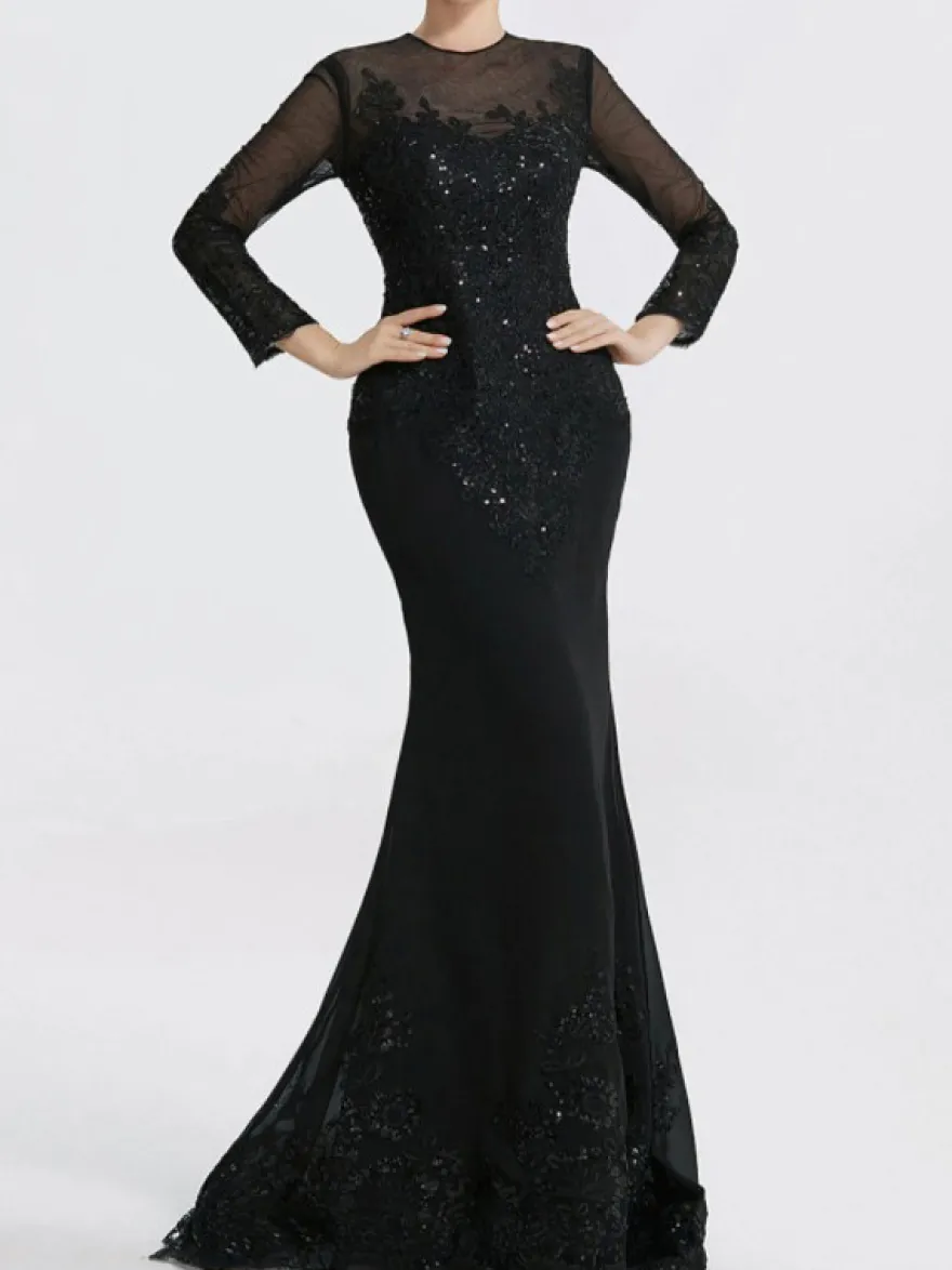 Robe de soirée sirène col en V traîne courte manches longues fermeture éclair appliques paillettes robes de soirée formelles