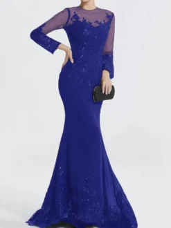 Robe de soirée sirène col en V traîne courte manches longues fermeture éclair appliques paillettes robes de soirée formelles